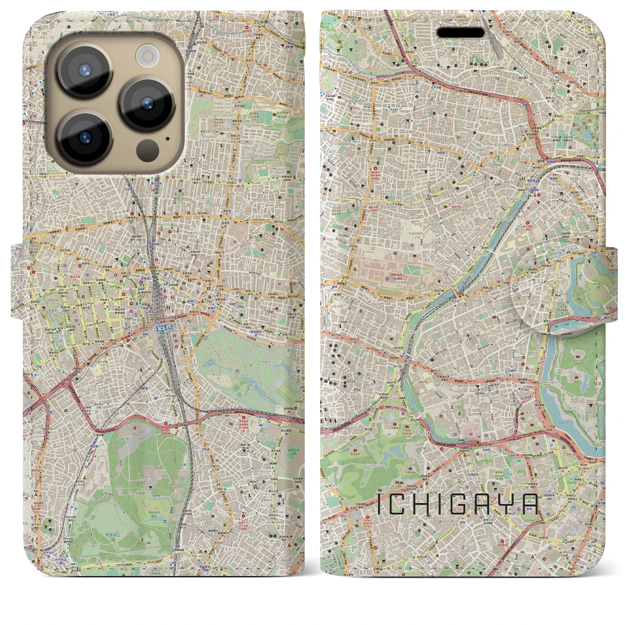 【市ケ谷】地図柄iPhoneケース（手帳両面タイプ・ナチュラル）iPhone 14 Pro Max 用