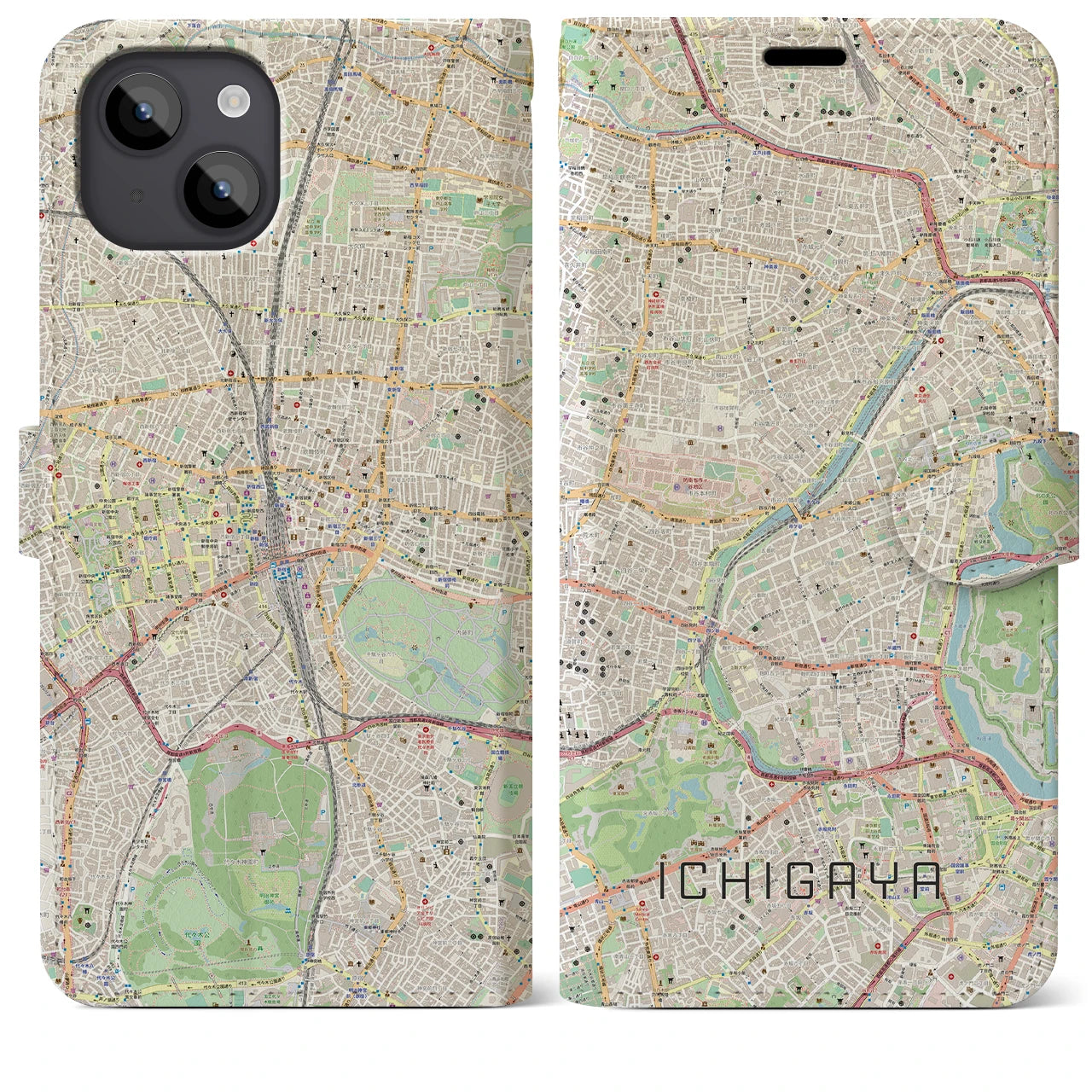 【市ケ谷】地図柄iPhoneケース（手帳両面タイプ・ナチュラル）iPhone 14 Plus 用