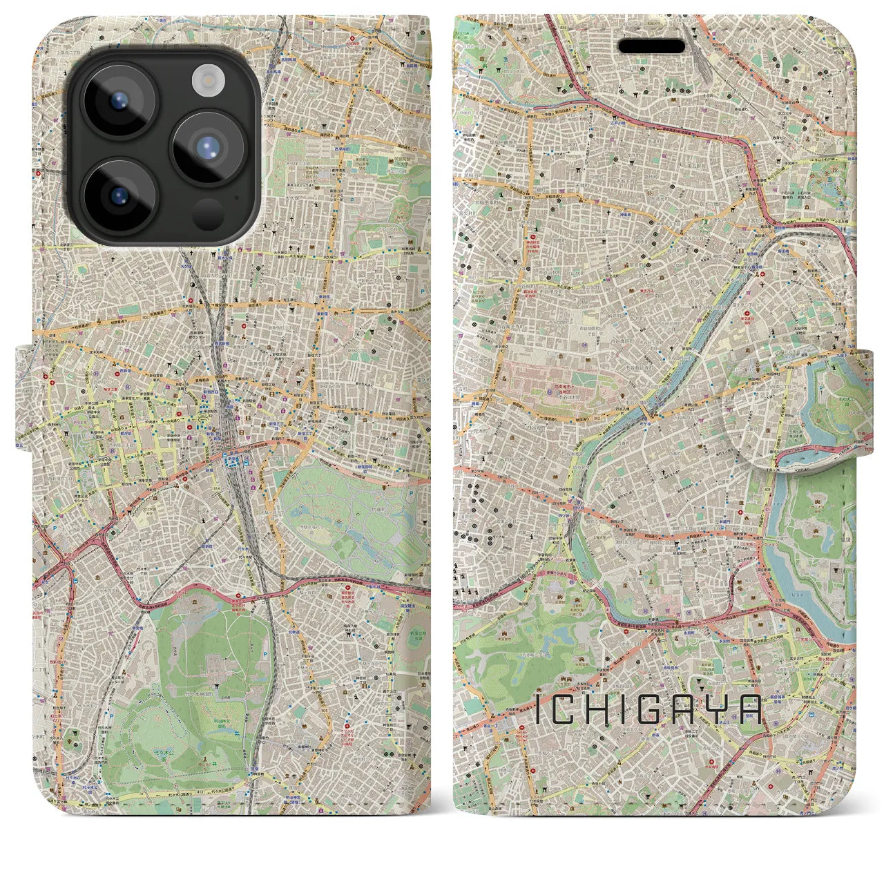 【市ケ谷】地図柄iPhoneケース（手帳両面タイプ・ナチュラル）iPhone 15 Pro Max 用