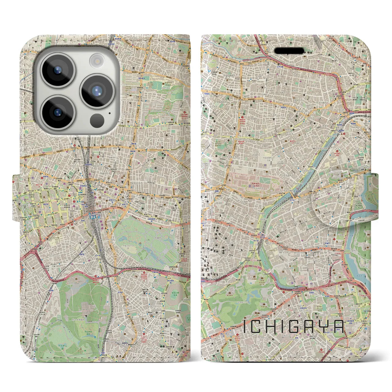 【市ケ谷】地図柄iPhoneケース（手帳両面タイプ・ナチュラル）iPhone 15 Pro 用