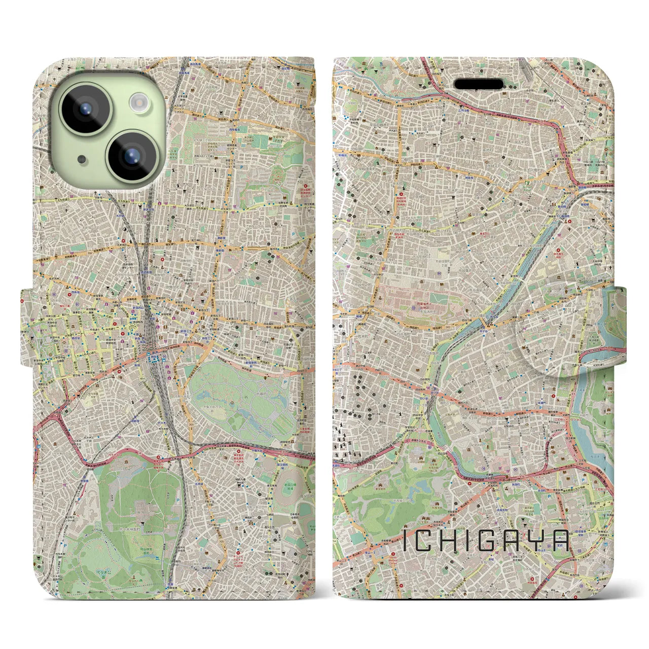 【市ケ谷】地図柄iPhoneケース（手帳両面タイプ・ナチュラル）iPhone 15 用