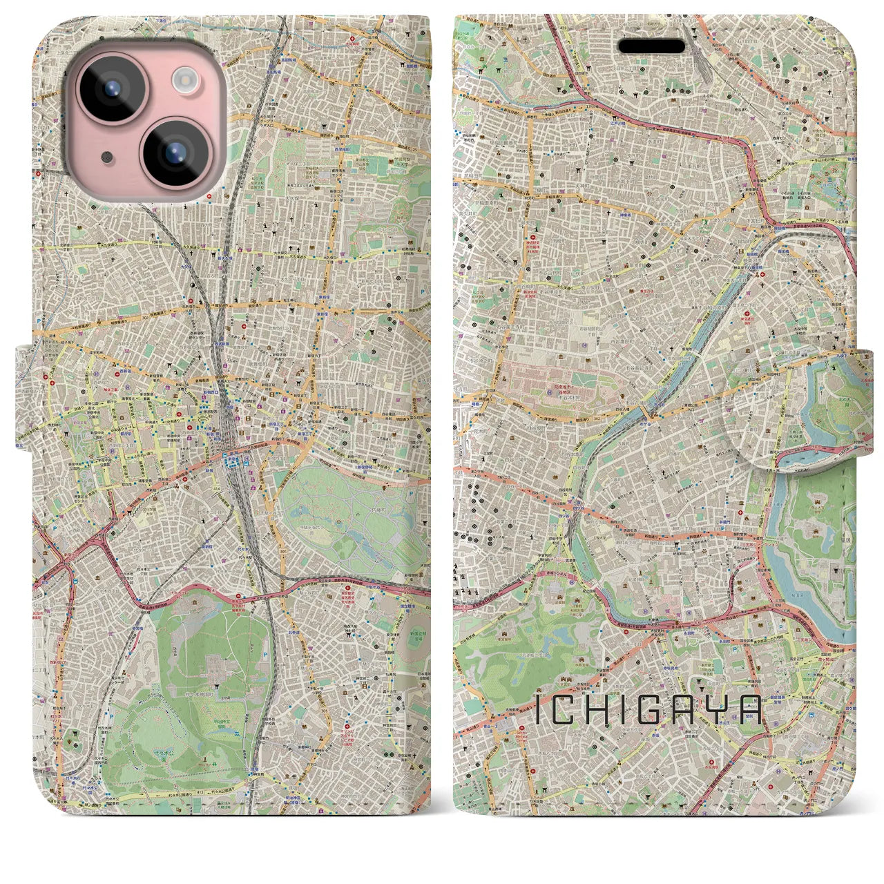 【市ケ谷】地図柄iPhoneケース（手帳両面タイプ・ナチュラル）iPhone 15 Plus 用