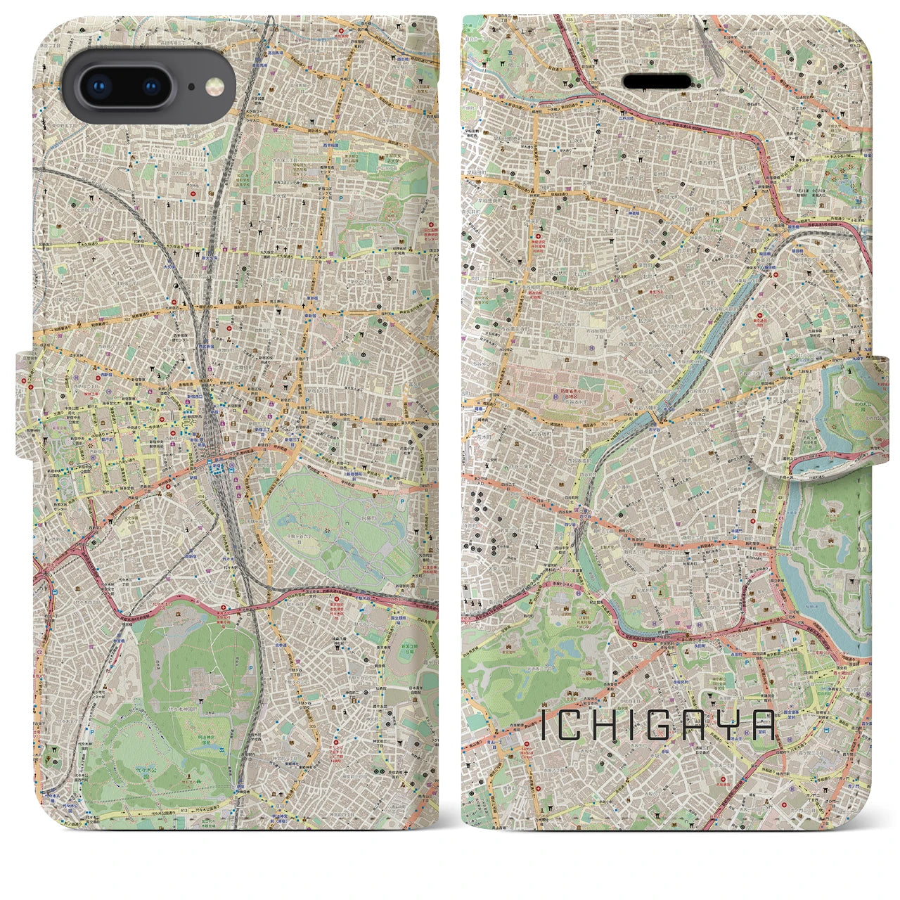 【市ケ谷】地図柄iPhoneケース（手帳両面タイプ・ナチュラル）iPhone 8Plus /7Plus / 6sPlus / 6Plus 用