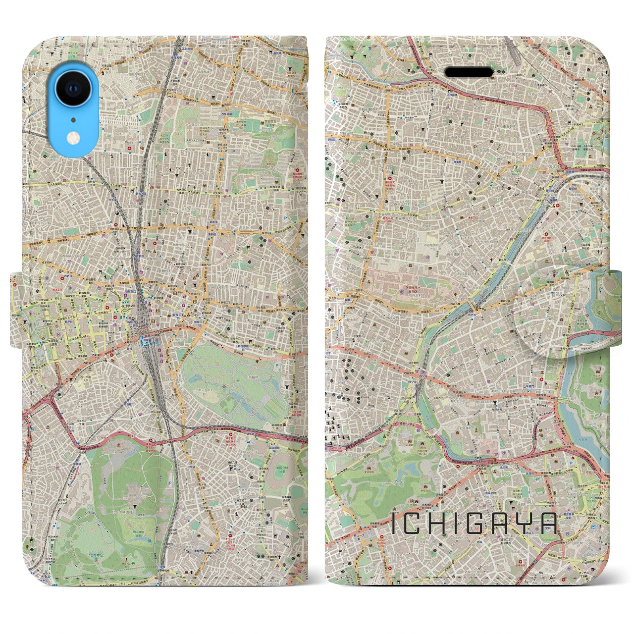 【市ケ谷】地図柄iPhoneケース（手帳両面タイプ・ナチュラル）iPhone XR 用