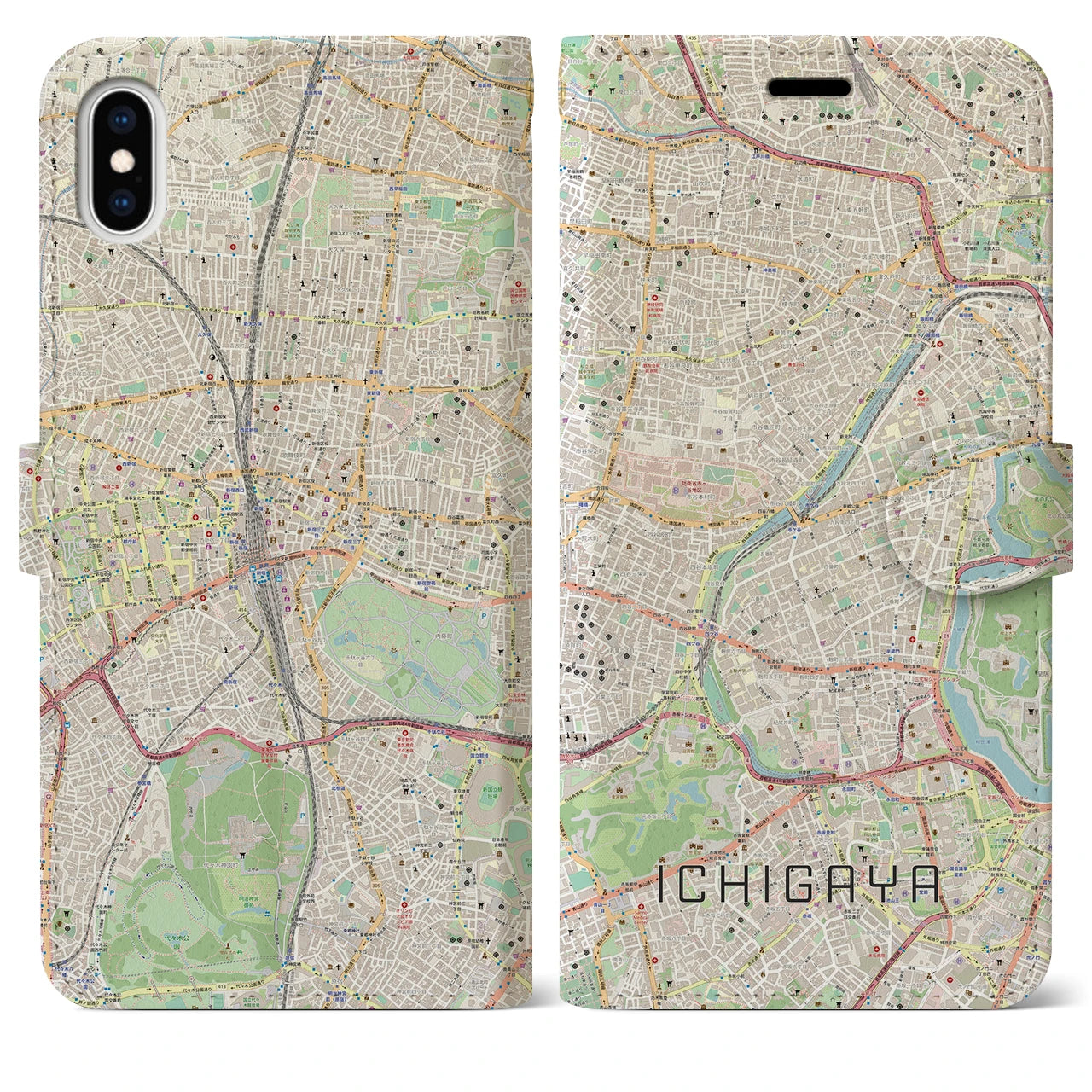 【市ケ谷】地図柄iPhoneケース（手帳両面タイプ・ナチュラル）iPhone XS Max 用