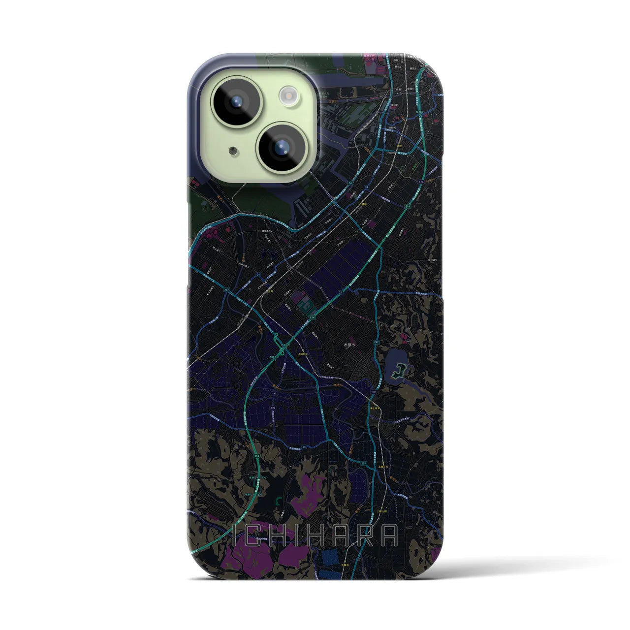 【市原】地図柄iPhoneケース（バックカバータイプ・ブラック）iPhone 15 用