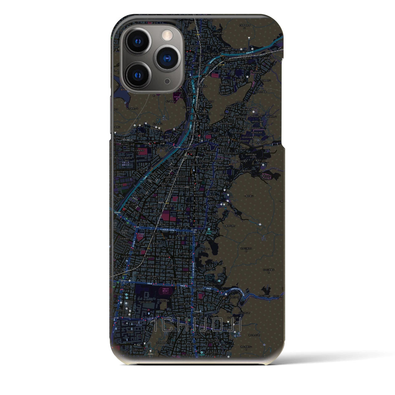 【一乗寺】地図柄iPhoneケース（バックカバータイプ・ブラック）iPhone 11 Pro Max 用