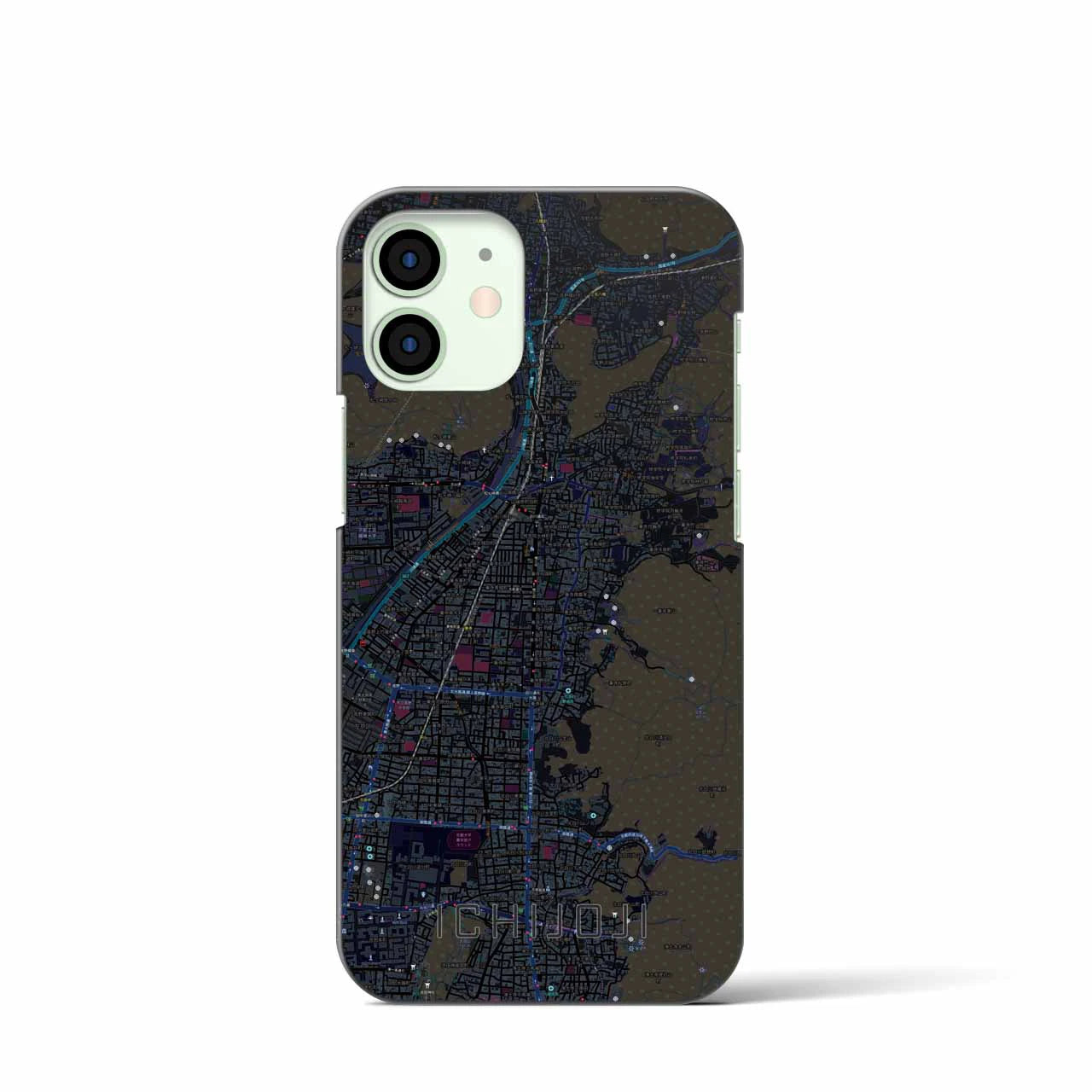 【一乗寺】地図柄iPhoneケース（バックカバータイプ・ブラック）iPhone 12 mini 用