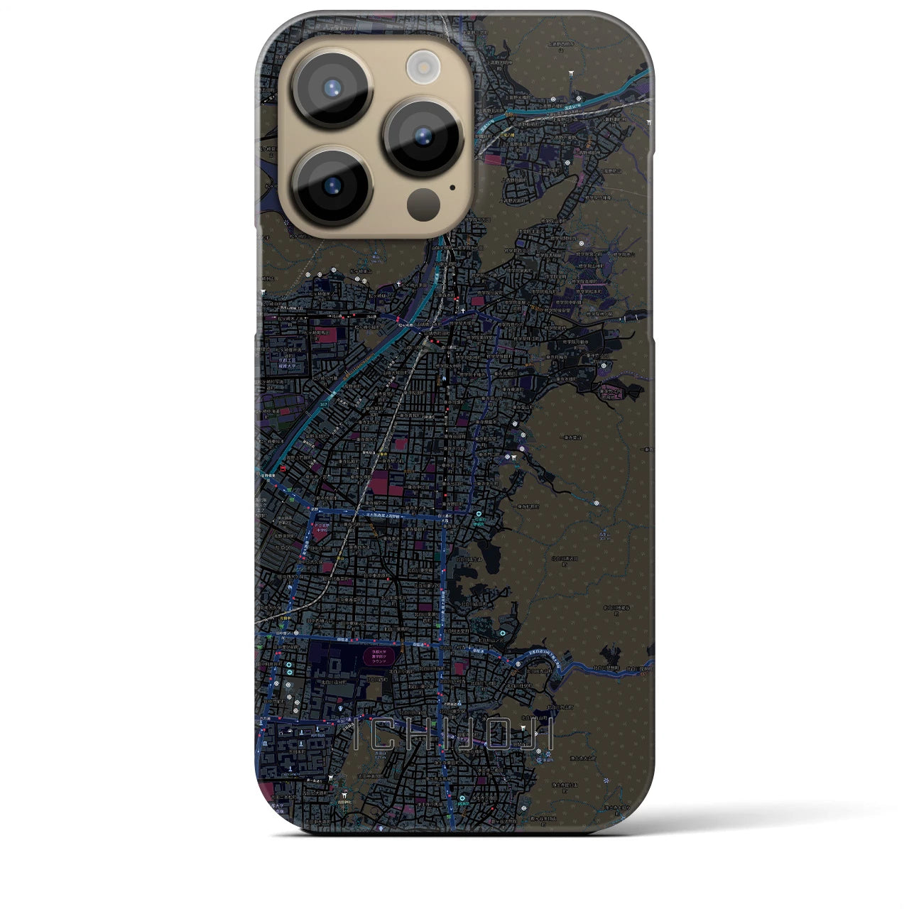 【一乗寺】地図柄iPhoneケース（バックカバータイプ・ブラック）iPhone 14 Pro Max 用