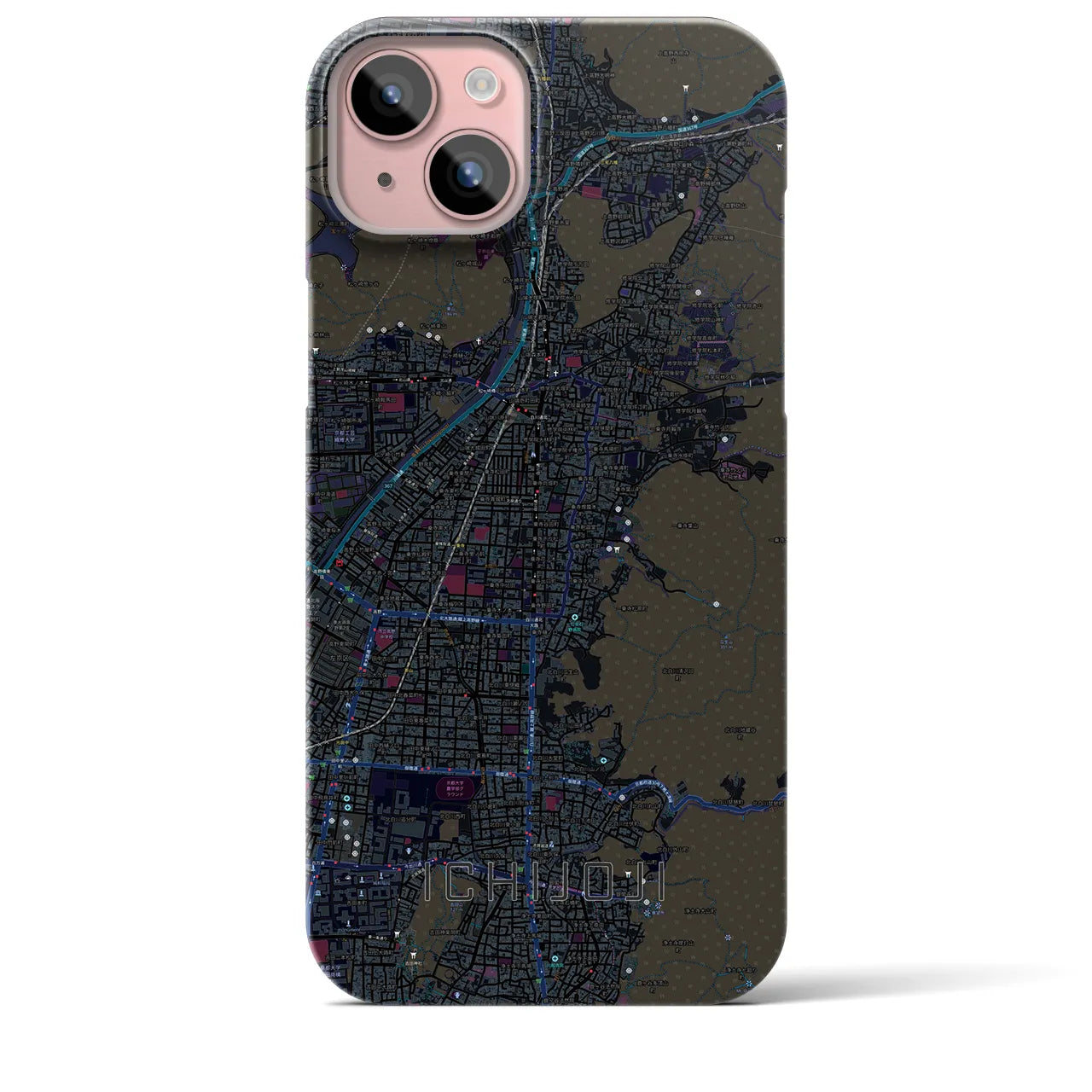 【一乗寺】地図柄iPhoneケース（バックカバータイプ・ブラック）iPhone 15 Plus 用