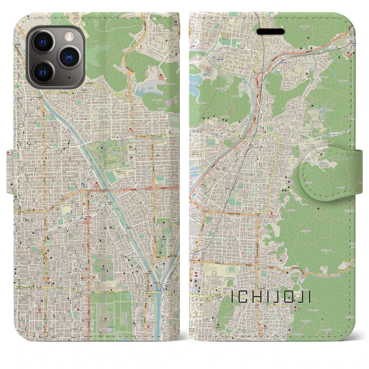 【一乗寺】地図柄iPhoneケース（手帳両面タイプ・ナチュラル）iPhone 11 Pro Max 用