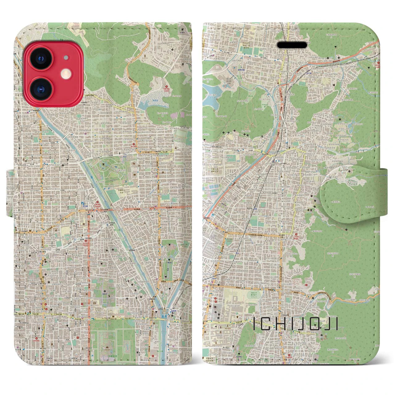 【一乗寺】地図柄iPhoneケース（手帳両面タイプ・ナチュラル）iPhone 11 用
