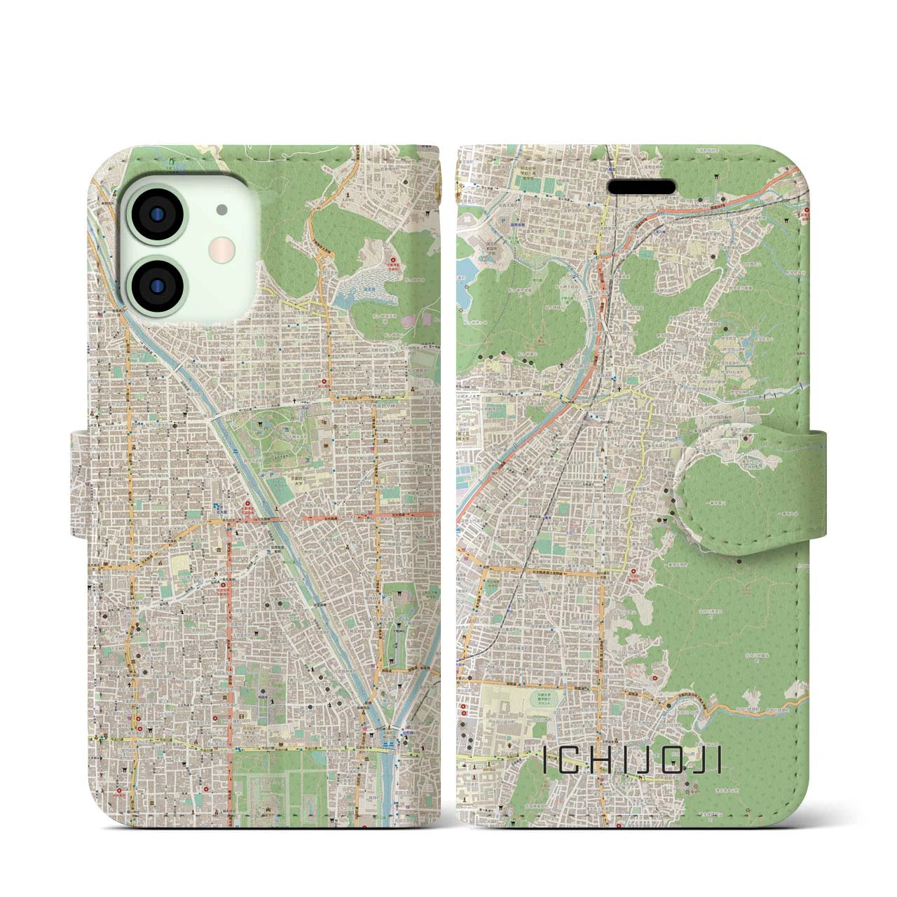 【一乗寺】地図柄iPhoneケース（手帳両面タイプ・ナチュラル）iPhone 12 mini 用