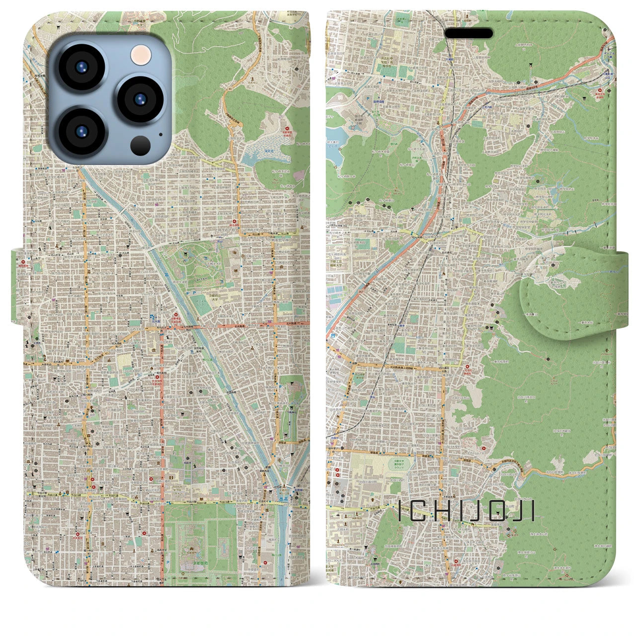 【一乗寺】地図柄iPhoneケース（手帳両面タイプ・ナチュラル）iPhone 13 Pro Max 用