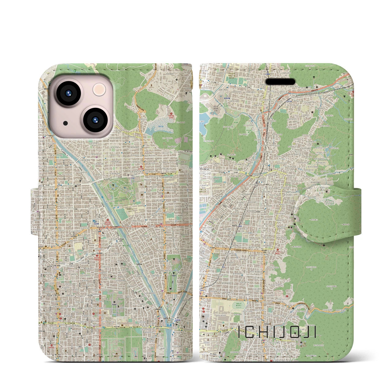 【一乗寺】地図柄iPhoneケース（手帳両面タイプ・ナチュラル）iPhone 13 mini 用