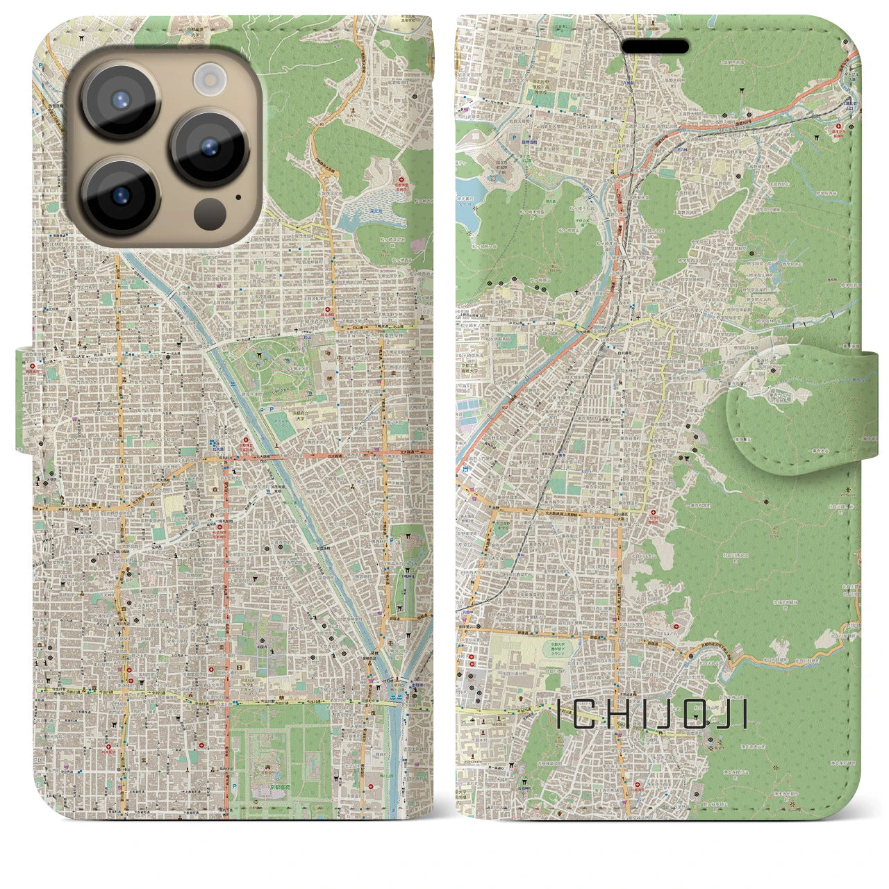 【一乗寺】地図柄iPhoneケース（手帳両面タイプ・ナチュラル）iPhone 14 Pro Max 用