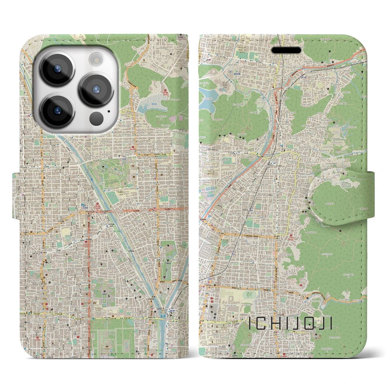 【一乗寺】地図柄iPhoneケース（手帳両面タイプ・ナチュラル）iPhone 14 Pro 用