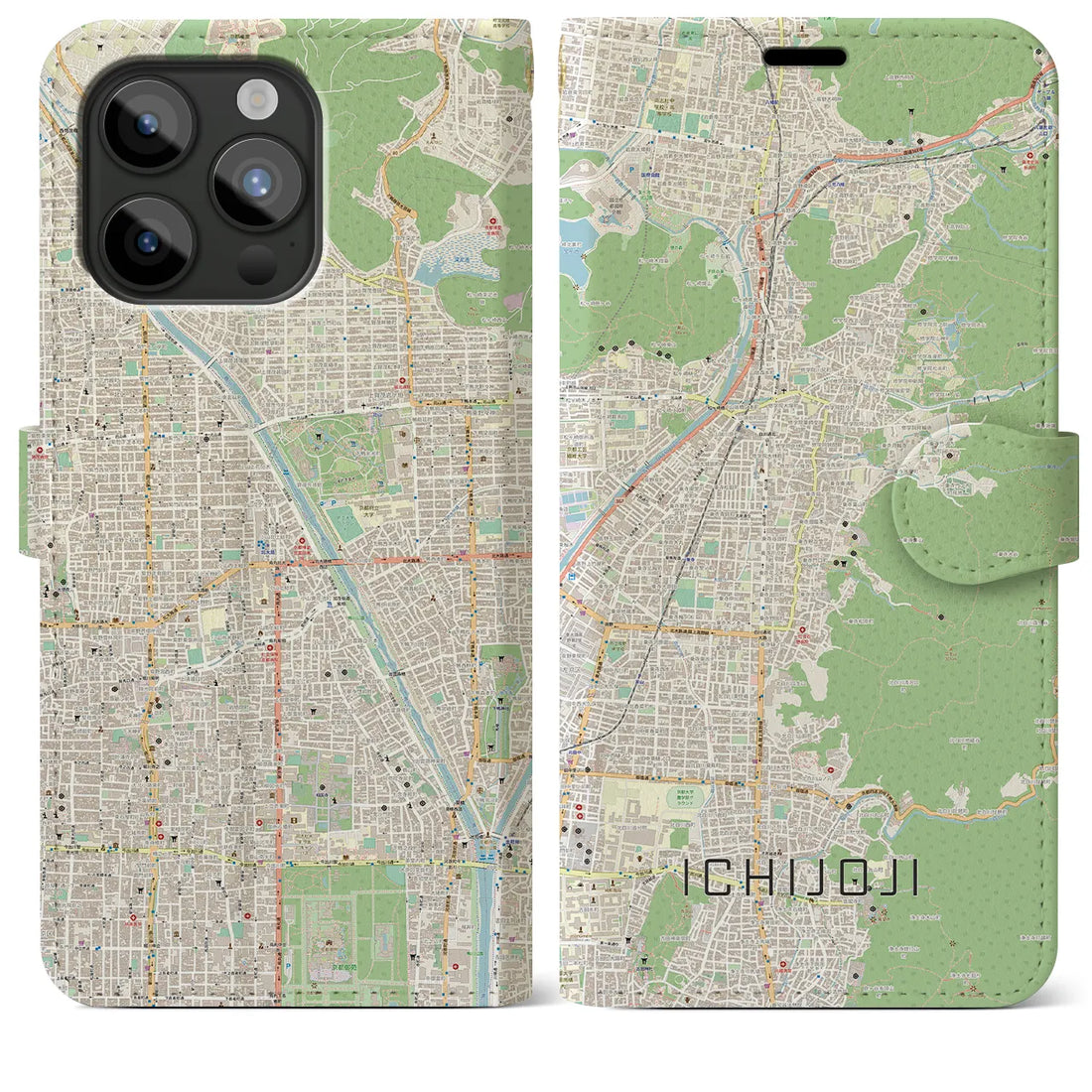 【一乗寺】地図柄iPhoneケース（手帳両面タイプ・ナチュラル）iPhone 15 Pro Max 用