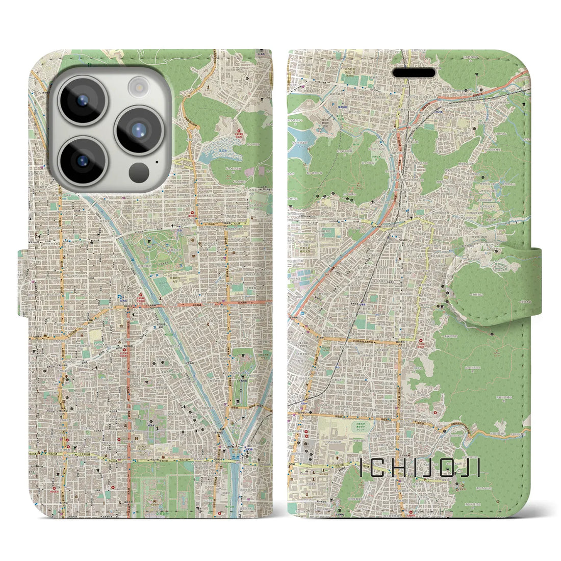 【一乗寺】地図柄iPhoneケース（手帳両面タイプ・ナチュラル）iPhone 15 Pro 用
