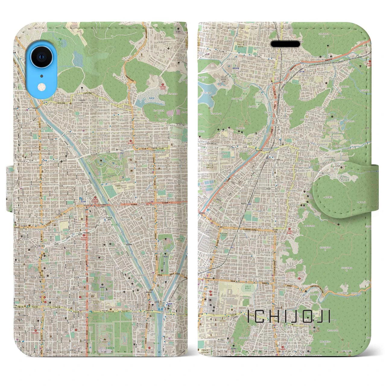 【一乗寺】地図柄iPhoneケース（手帳両面タイプ・ナチュラル）iPhone XR 用
