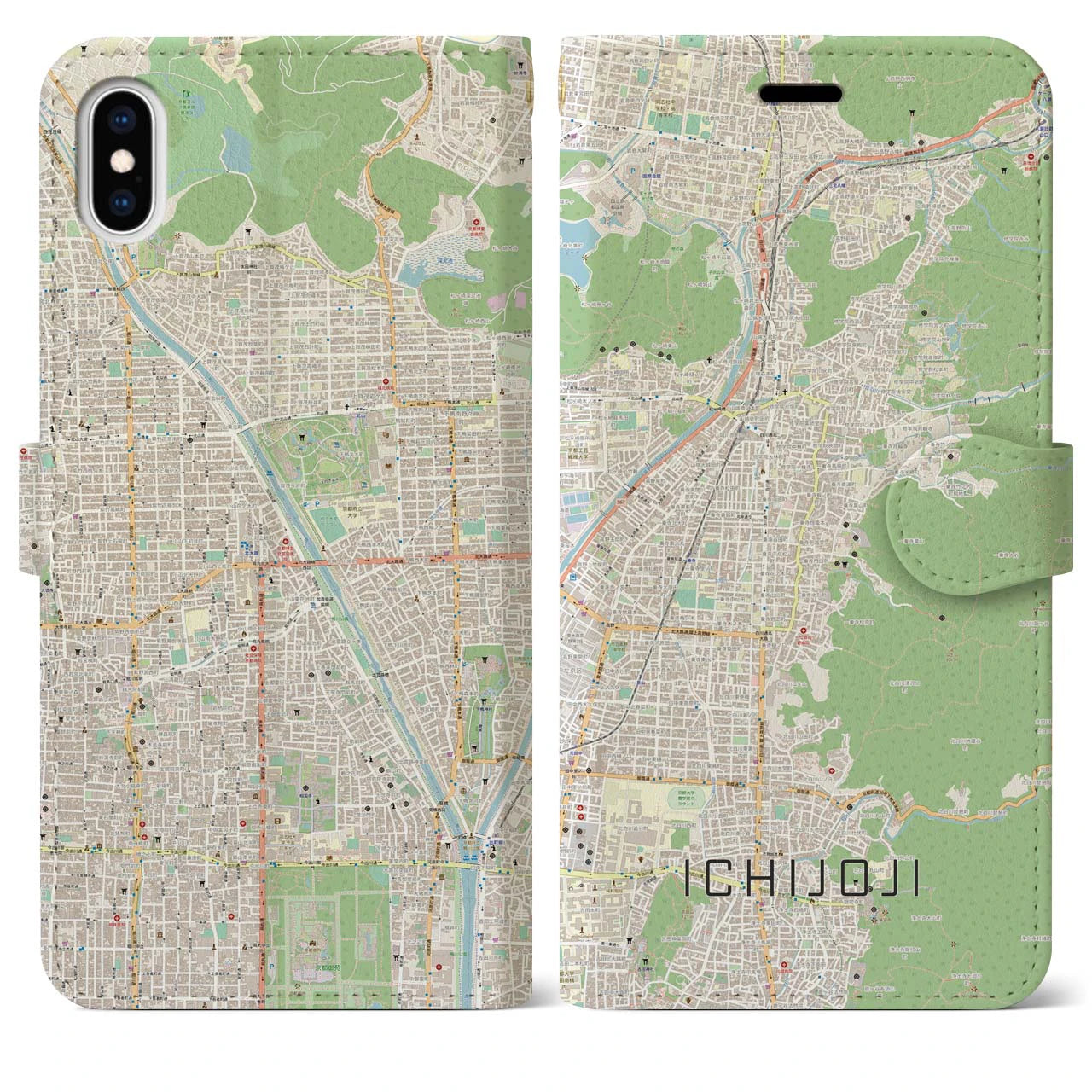 【一乗寺】地図柄iPhoneケース（手帳両面タイプ・ナチュラル）iPhone XS Max 用