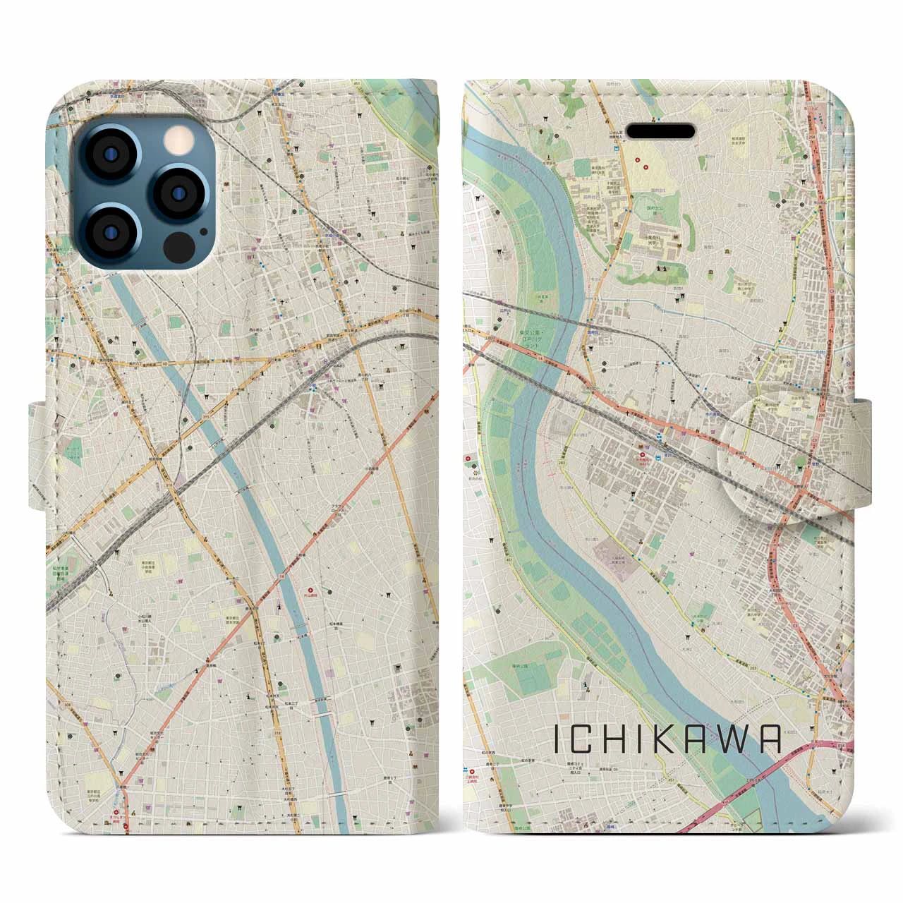 【市川】地図柄iPhoneケース（手帳両面タイプ・ナチュラル）iPhone 12 Pro Max 用