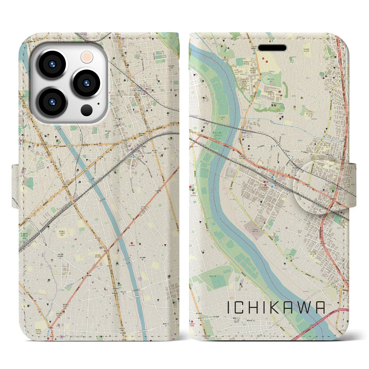 【市川】地図柄iPhoneケース（手帳両面タイプ・ナチュラル）iPhone 13 Pro 用