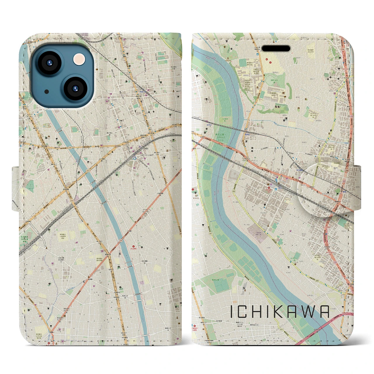 【市川】地図柄iPhoneケース（手帳両面タイプ・ナチュラル）iPhone 13 用