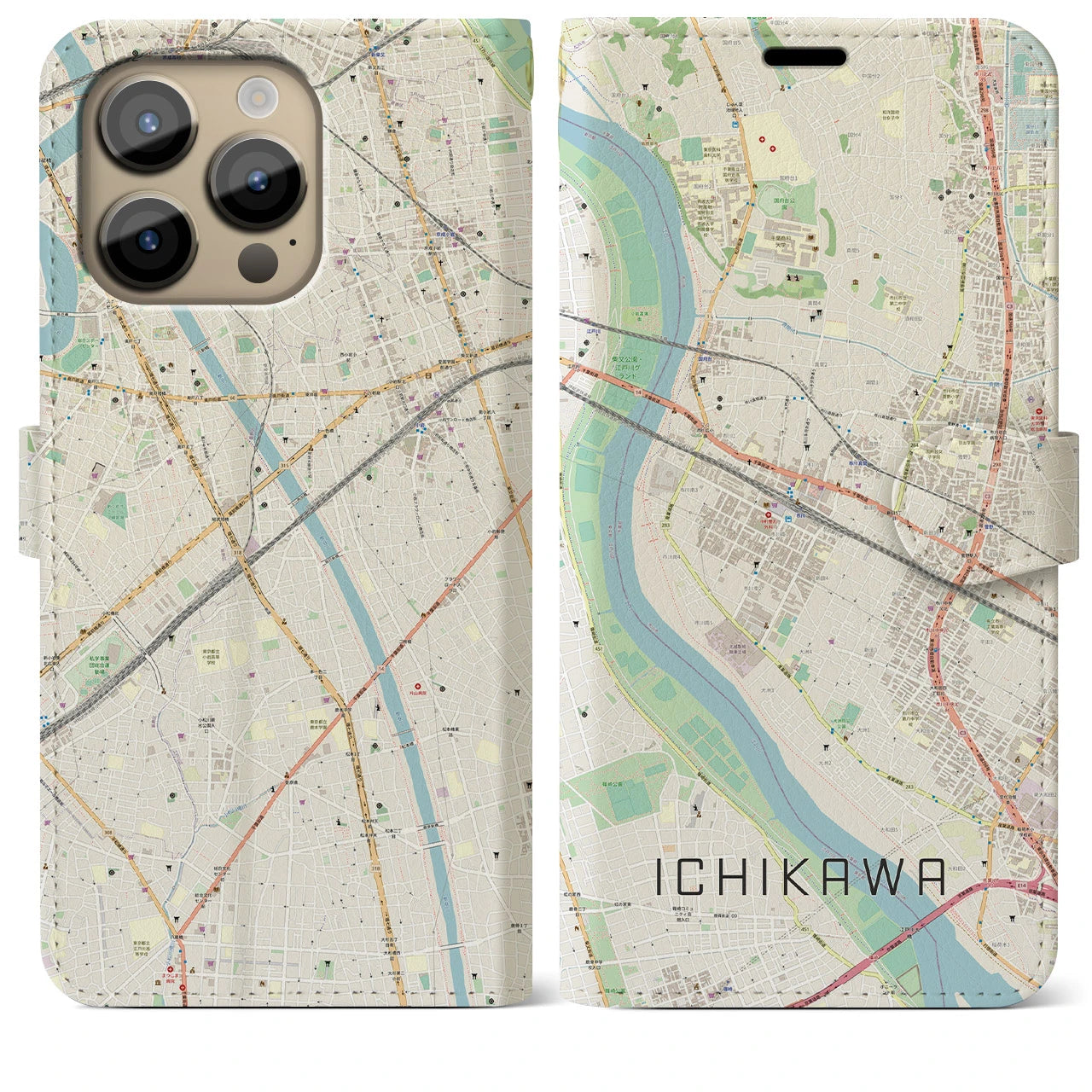 【市川】地図柄iPhoneケース（手帳両面タイプ・ナチュラル）iPhone 14 Pro Max 用