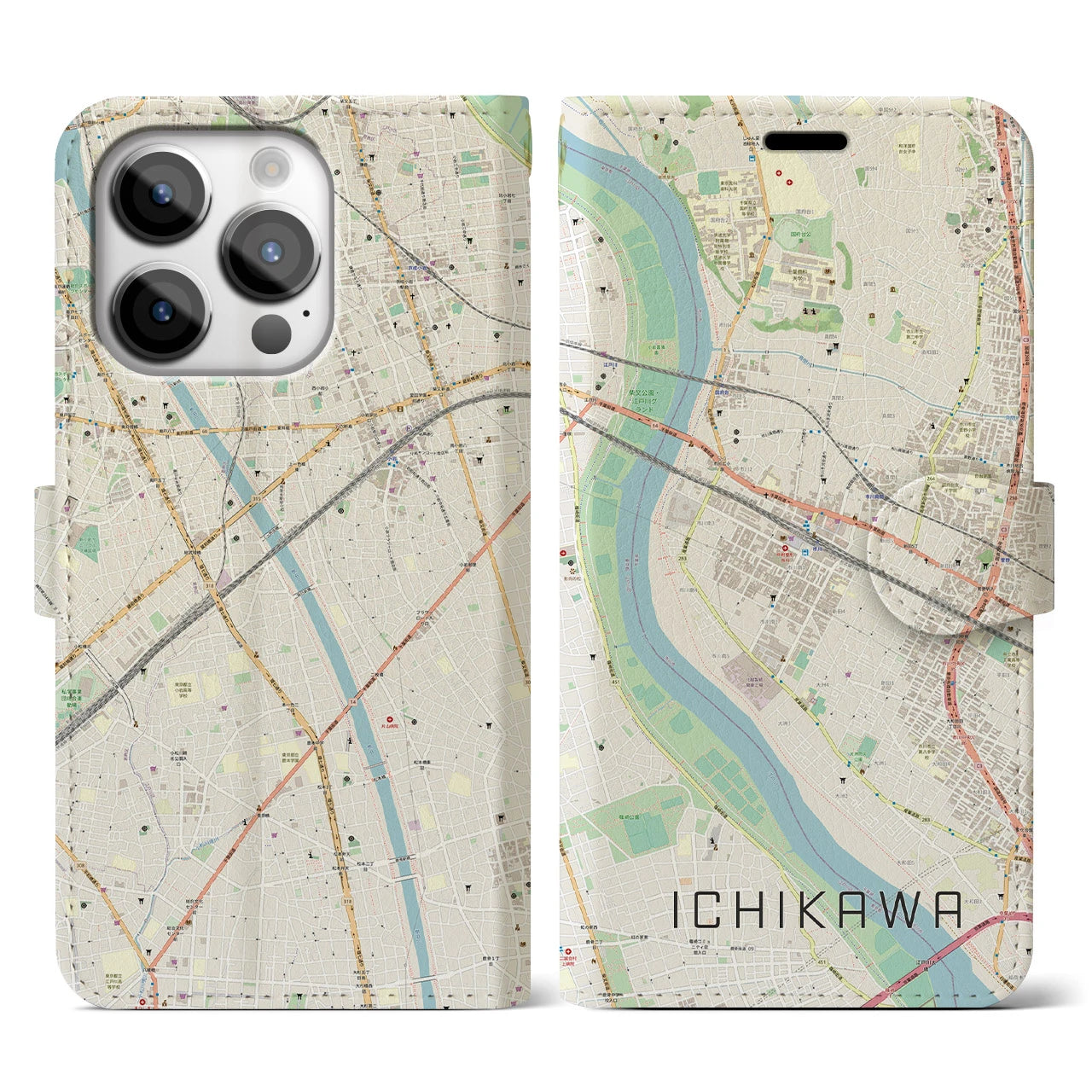 【市川】地図柄iPhoneケース（手帳両面タイプ・ナチュラル）iPhone 14 Pro 用