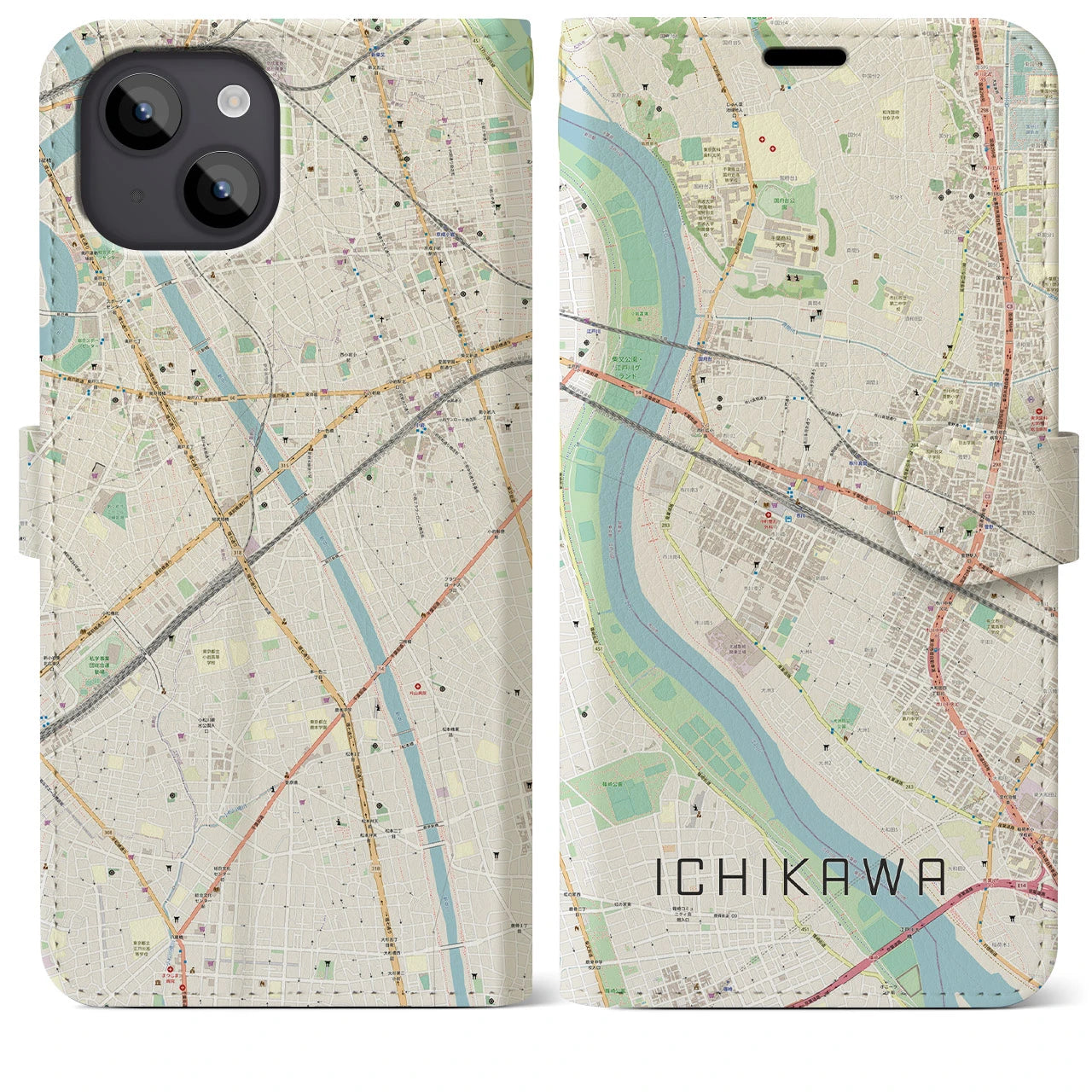 【市川】地図柄iPhoneケース（手帳両面タイプ・ナチュラル）iPhone 14 Plus 用