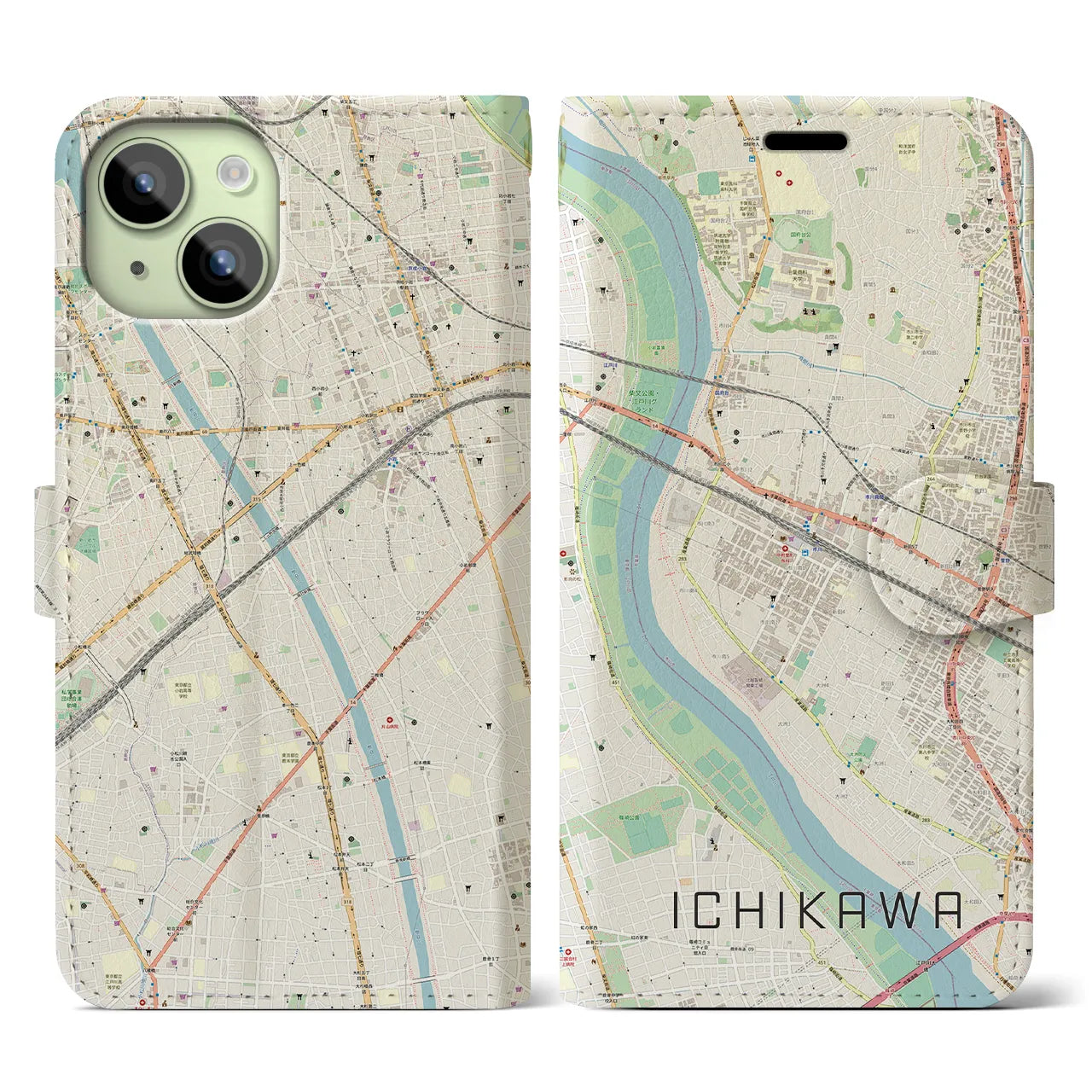 【市川】地図柄iPhoneケース（手帳両面タイプ・ナチュラル）iPhone 15 用