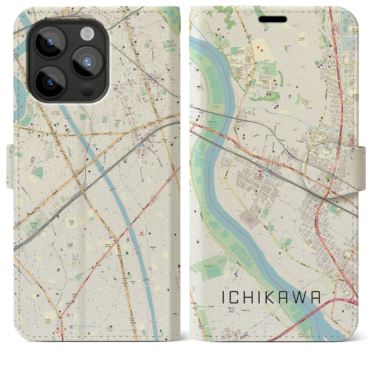 【市川】地図柄iPhoneケース（手帳両面タイプ・ナチュラル）iPhone 15 Pro Max 用