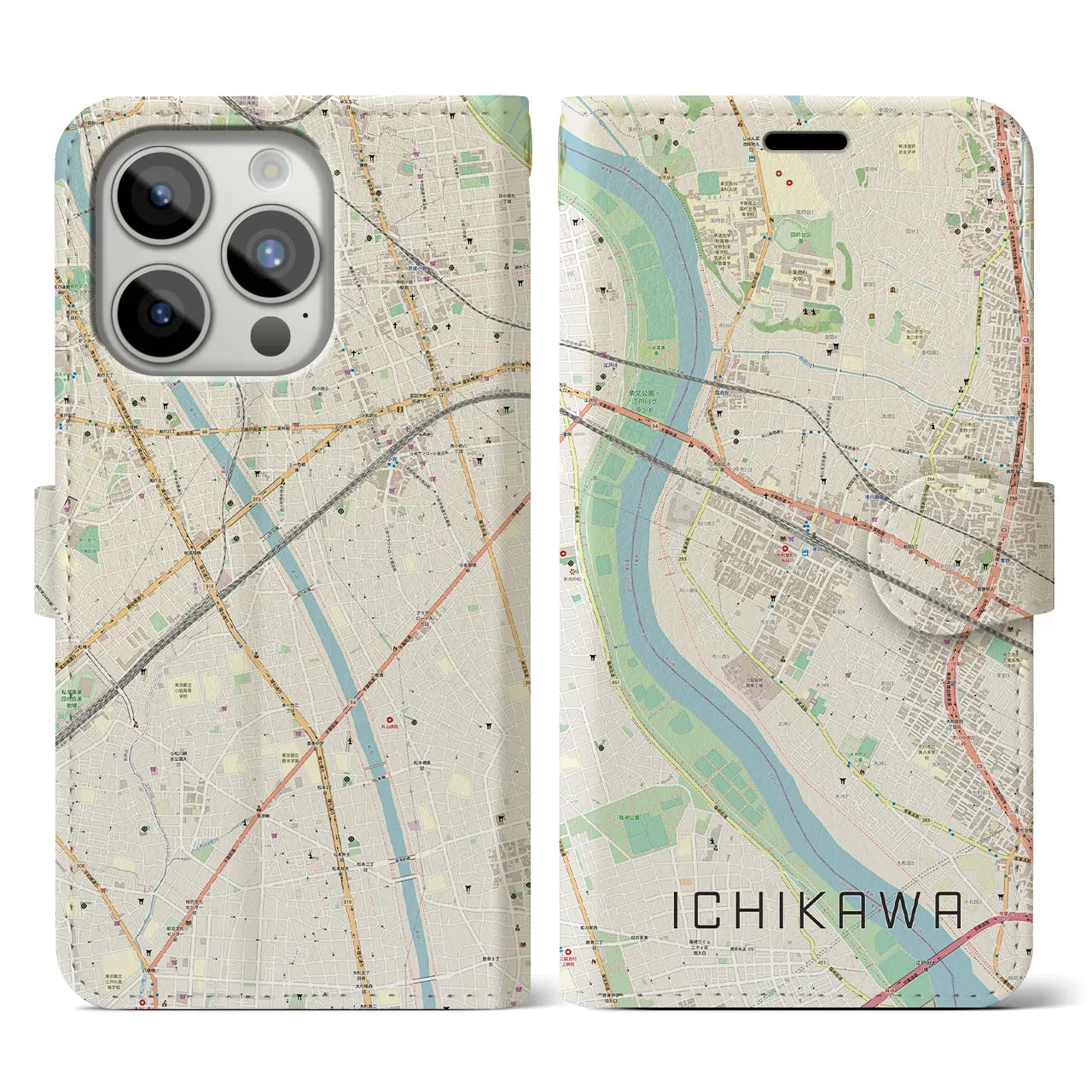 【市川】地図柄iPhoneケース（手帳両面タイプ・ナチュラル）iPhone 15 Pro 用