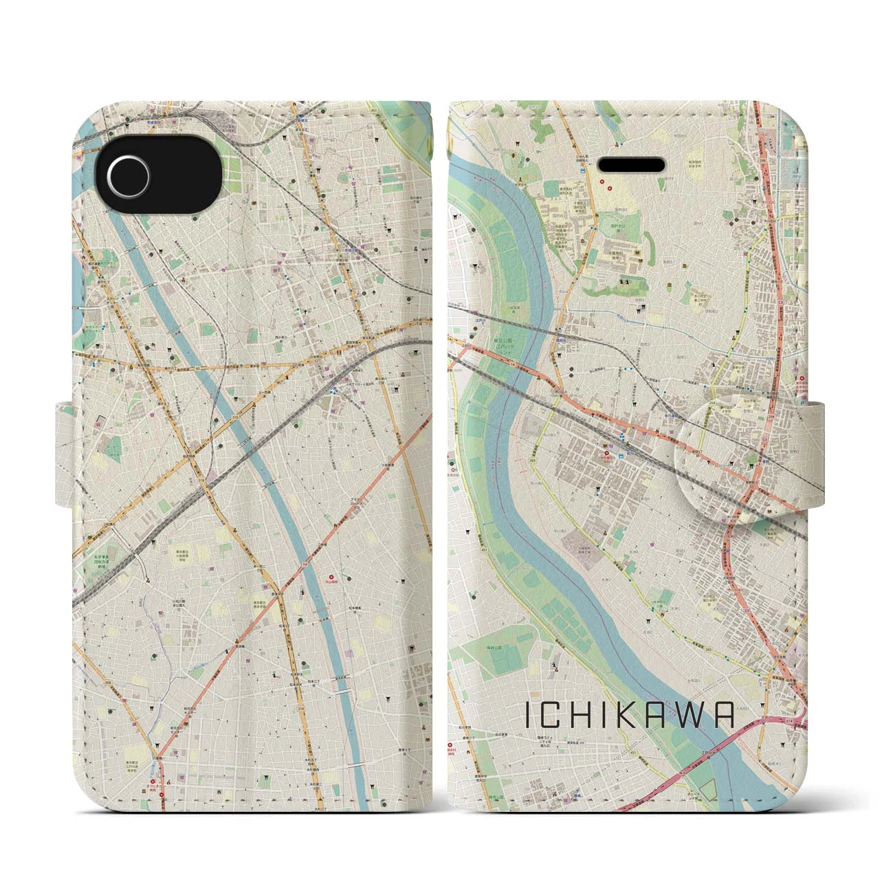 【市川】地図柄iPhoneケース（手帳両面タイプ・ナチュラル）iPhone SE（第3 / 第2世代） / 8 / 7 / 6s / 6 用