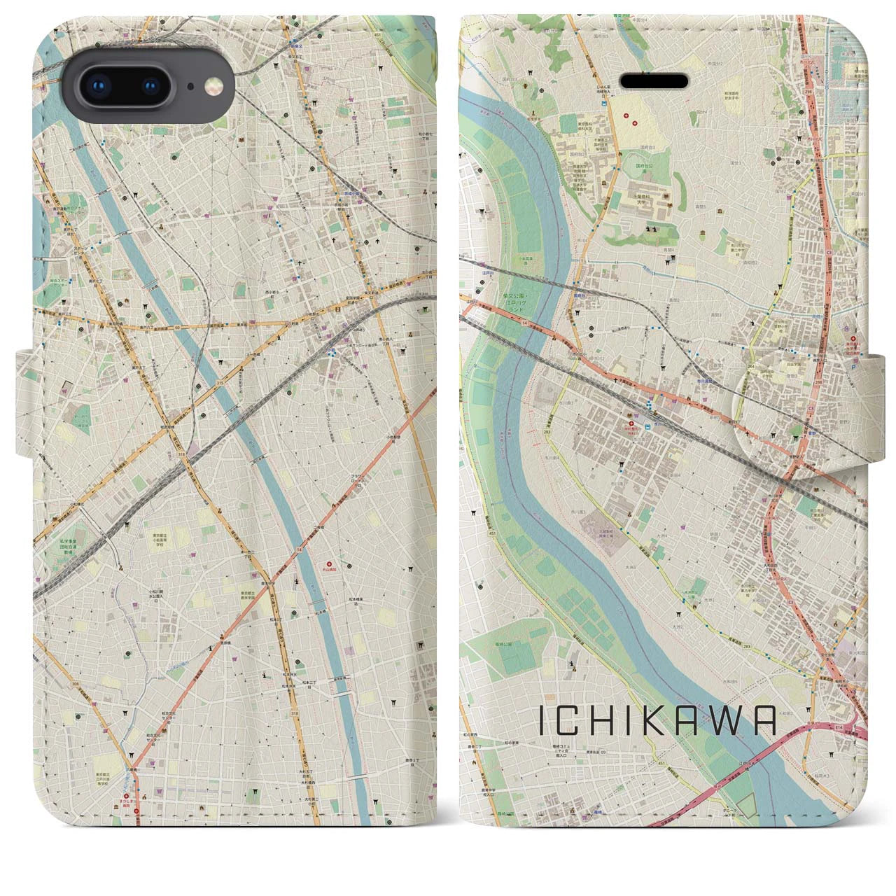 【市川】地図柄iPhoneケース（手帳両面タイプ・ナチュラル）iPhone 8Plus /7Plus / 6sPlus / 6Plus 用