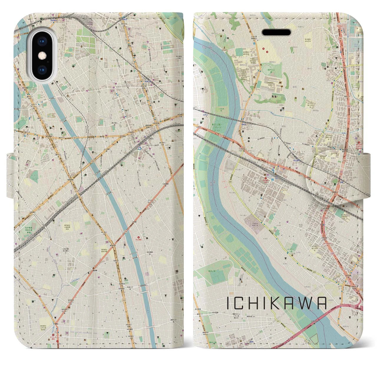 【市川】地図柄iPhoneケース（手帳両面タイプ・ナチュラル）iPhone 11 用