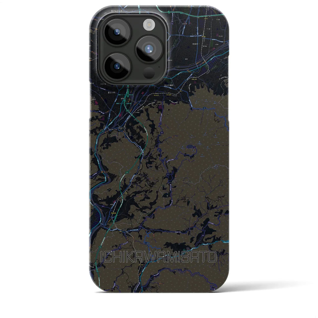 【市川三郷】地図柄iPhoneケース（バックカバータイプ・ブラック）iPhone 15 Pro Max 用