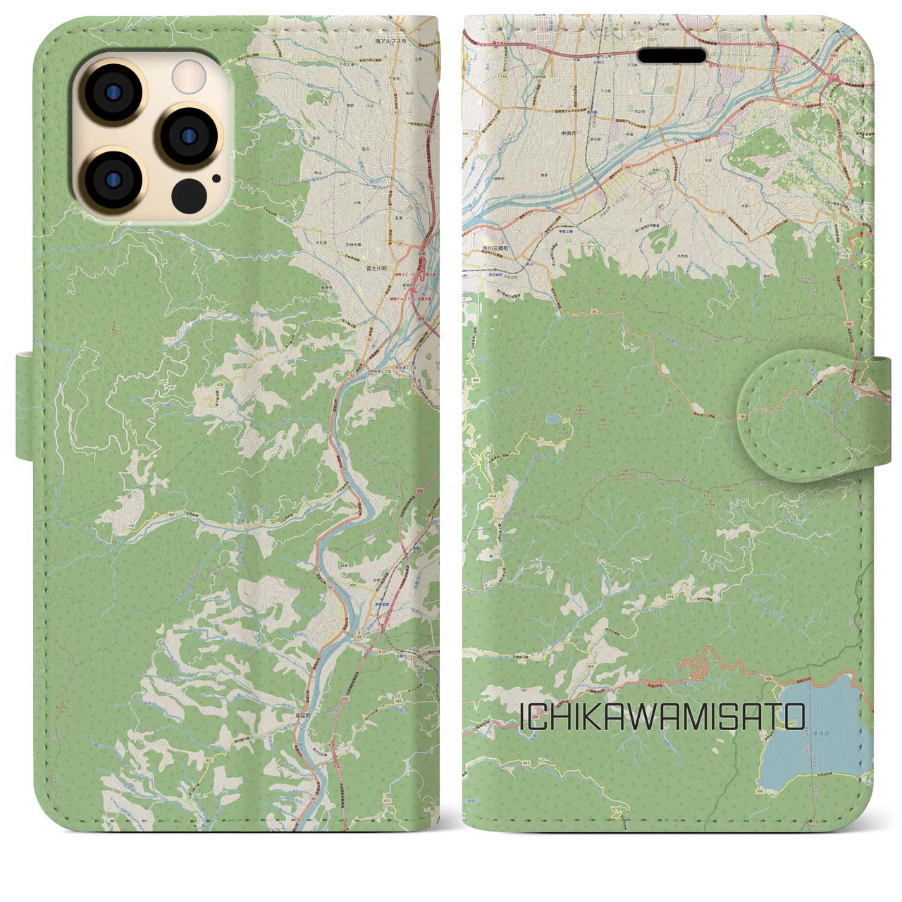 【市川三郷】地図柄iPhoneケース（手帳両面タイプ・ナチュラル）iPhone 12 Pro Max 用