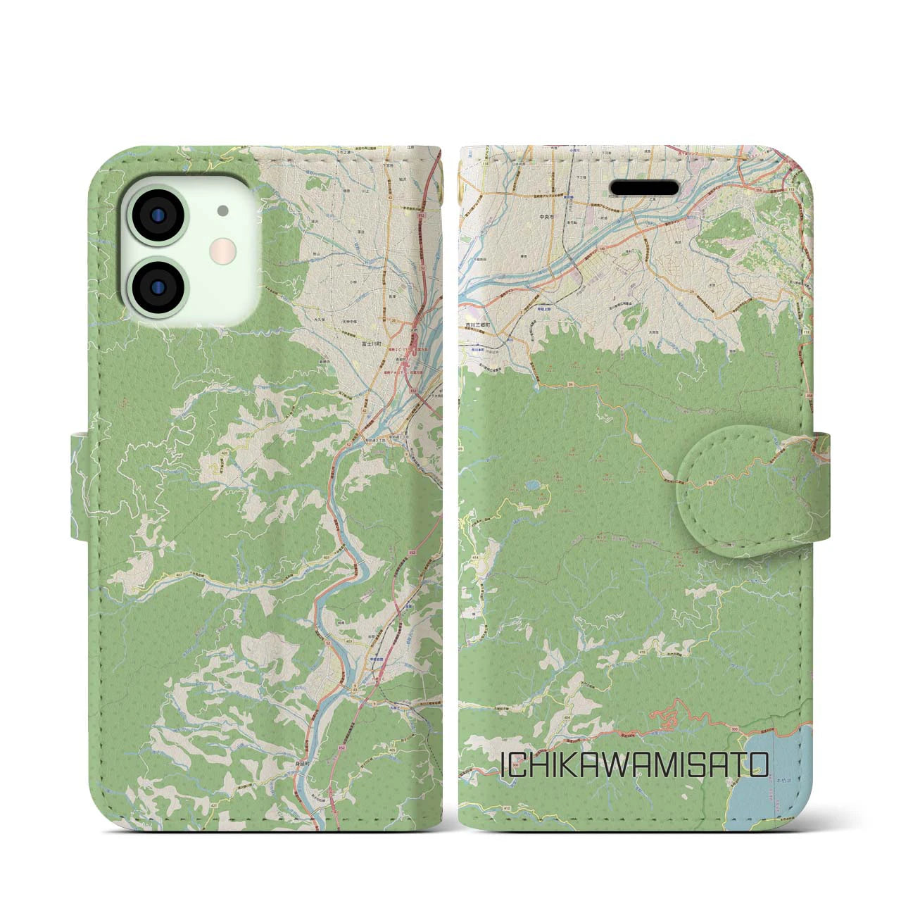 【市川三郷】地図柄iPhoneケース（手帳両面タイプ・ナチュラル）iPhone 12 mini 用