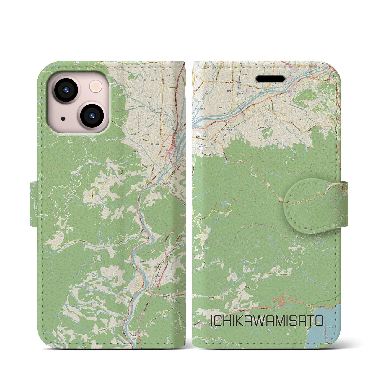 【市川三郷】地図柄iPhoneケース（手帳両面タイプ・ナチュラル）iPhone 13 mini 用