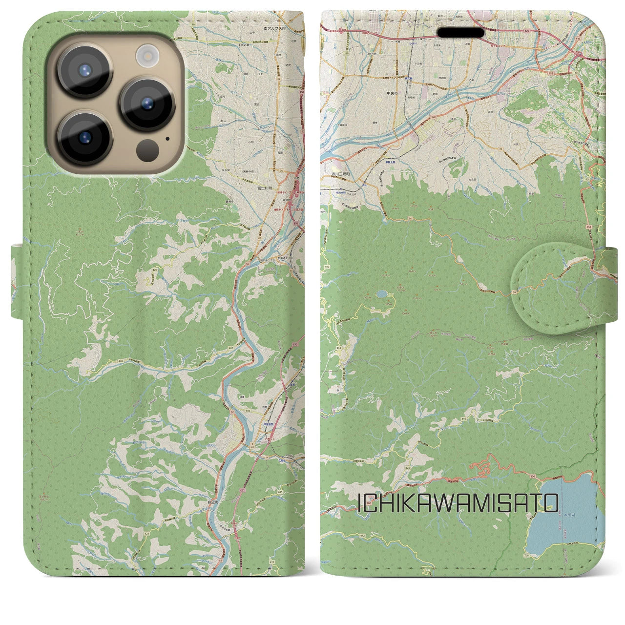 【市川三郷】地図柄iPhoneケース（手帳両面タイプ・ナチュラル）iPhone 14 Pro Max 用