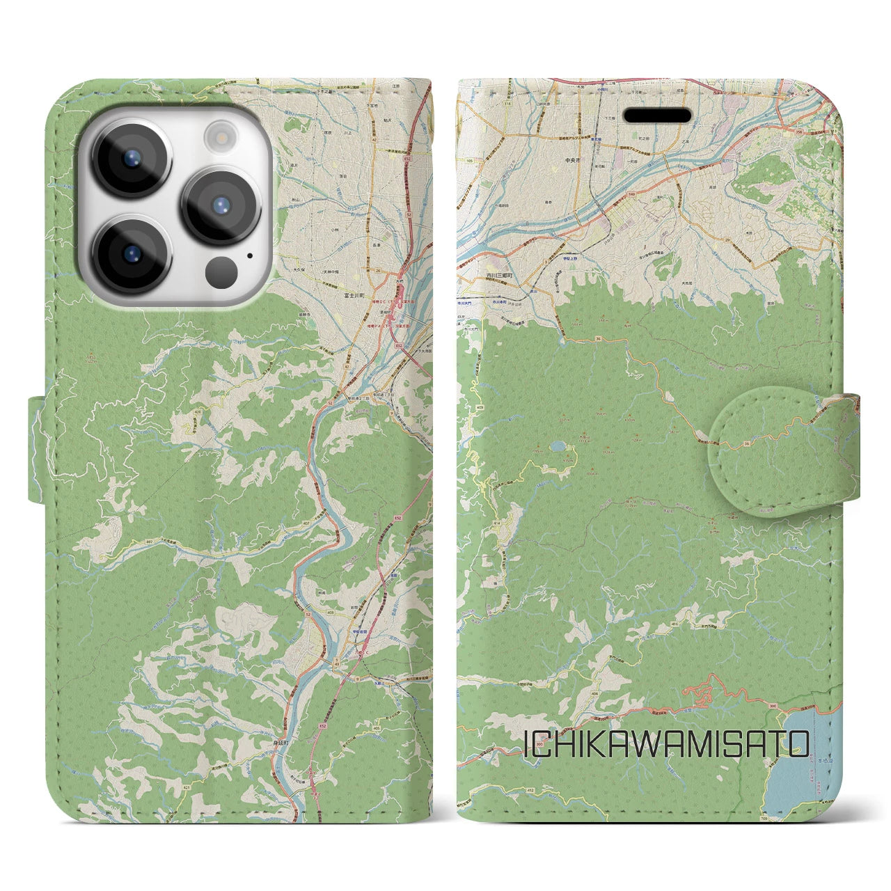【市川三郷】地図柄iPhoneケース（手帳両面タイプ・ナチュラル）iPhone 14 Pro 用