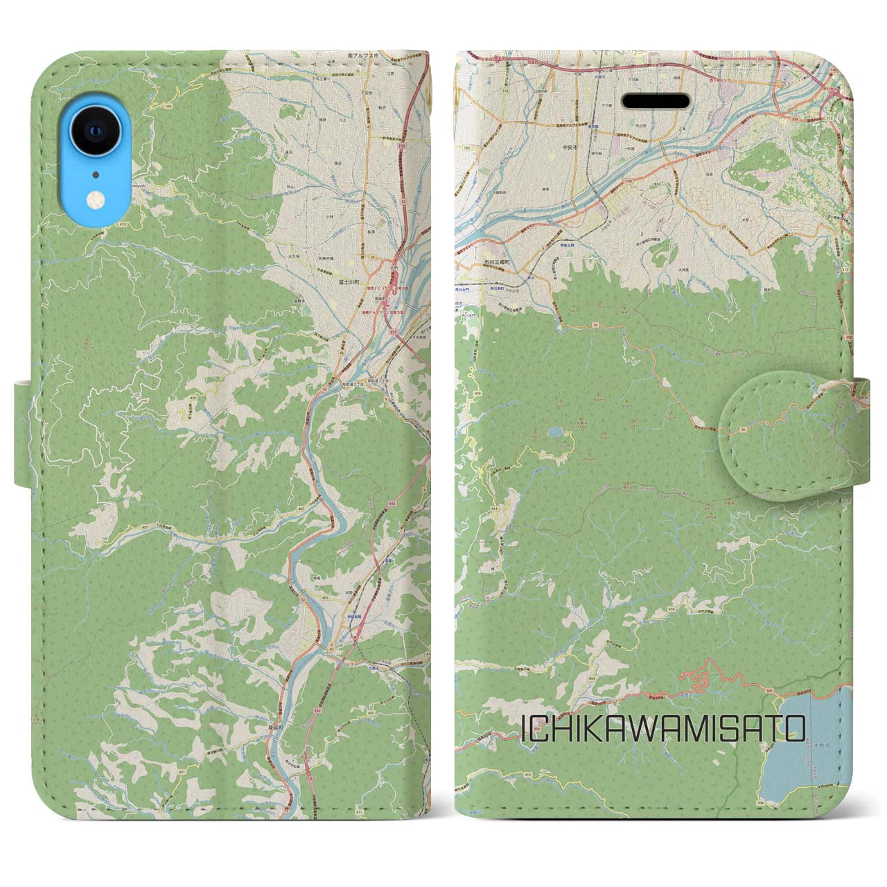 【市川三郷】地図柄iPhoneケース（手帳両面タイプ・ナチュラル）iPhone XR 用