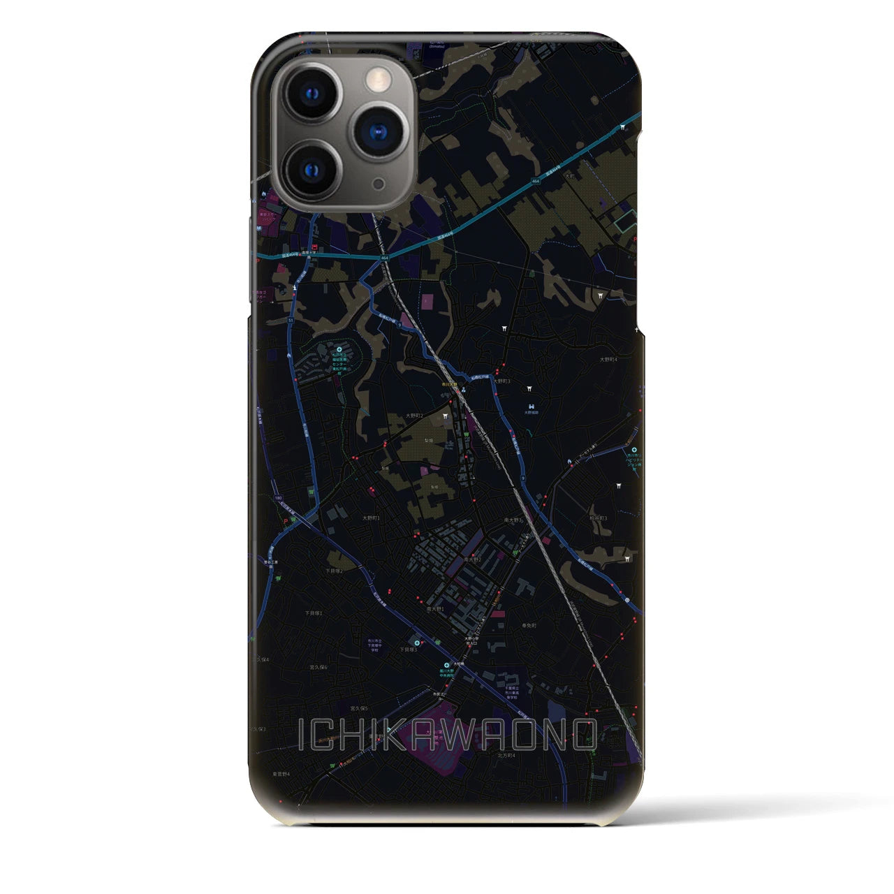 【市川大野】地図柄iPhoneケース（バックカバータイプ・ブラック）iPhone 11 Pro Max 用