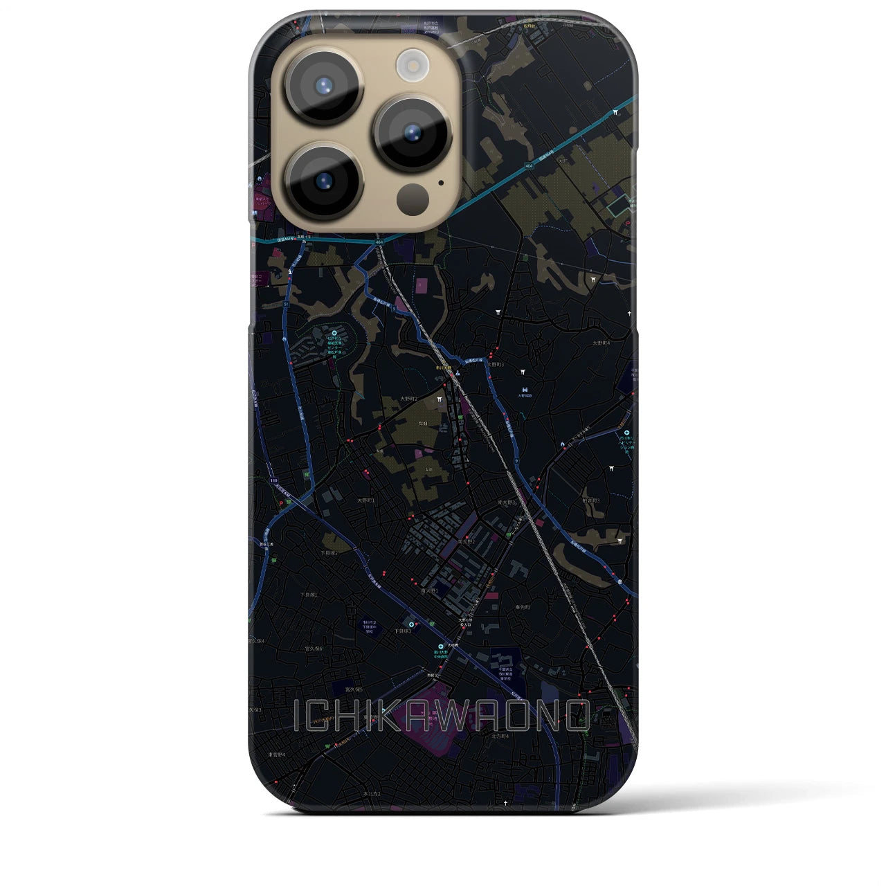 【市川大野】地図柄iPhoneケース（バックカバータイプ・ブラック）iPhone 14 Pro Max 用