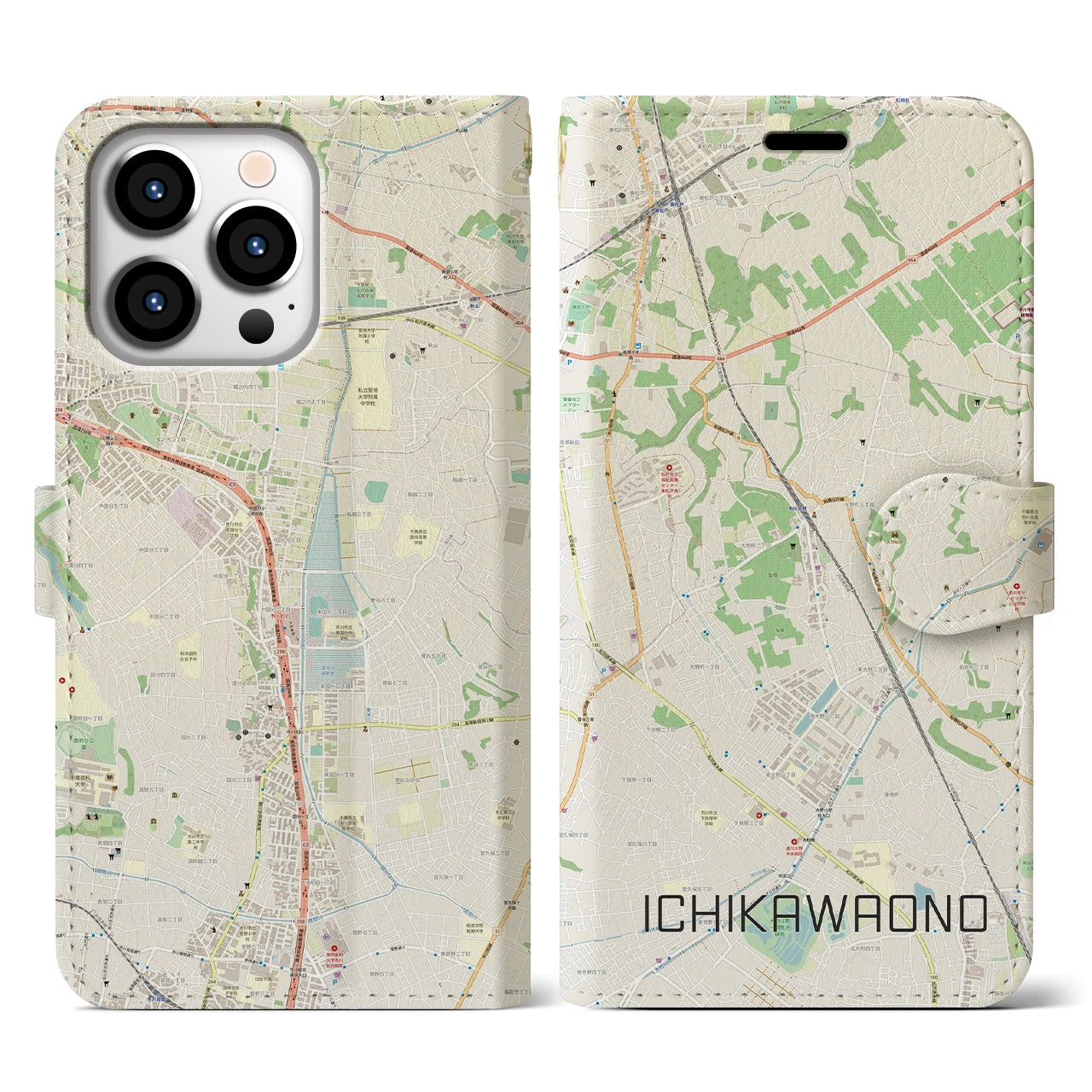 【市川大野】地図柄iPhoneケース（手帳両面タイプ・ナチュラル）iPhone 13 Pro 用