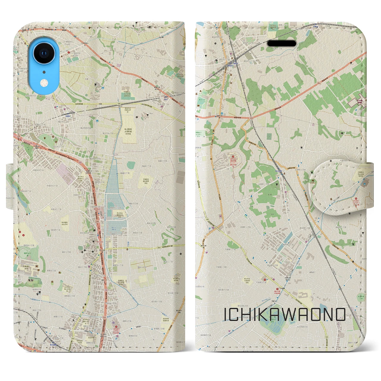 【市川大野】地図柄iPhoneケース（手帳両面タイプ・ナチュラル）iPhone XR 用