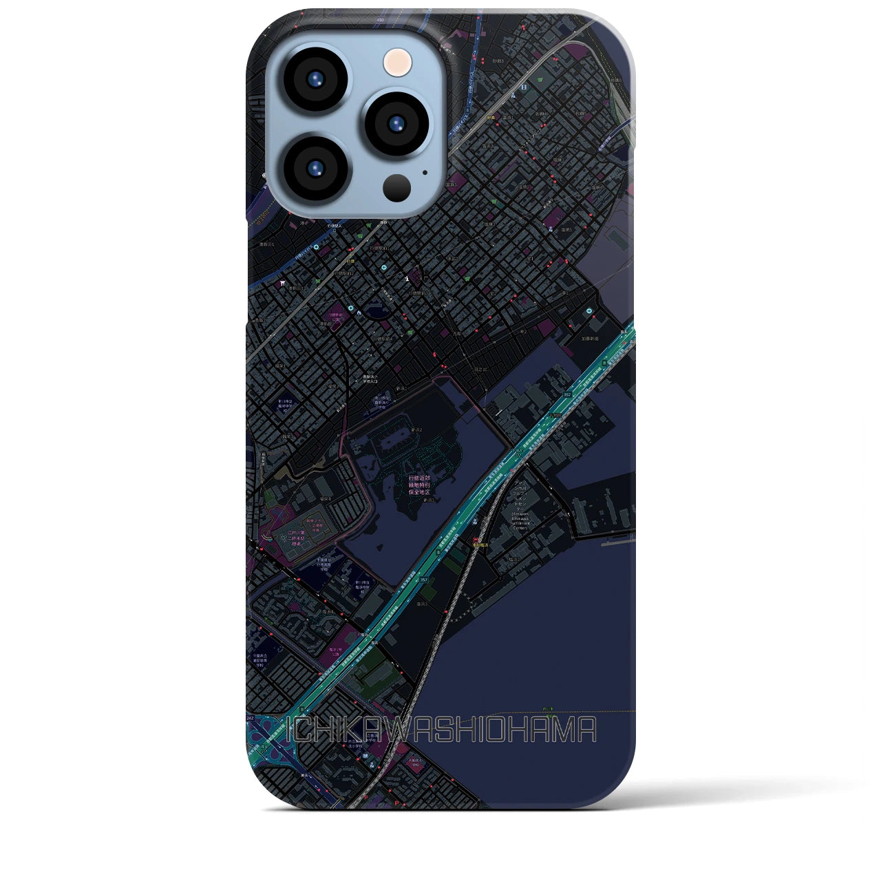 【市川塩浜】地図柄iPhoneケース（バックカバータイプ・ブラック）iPhone 13 Pro Max 用