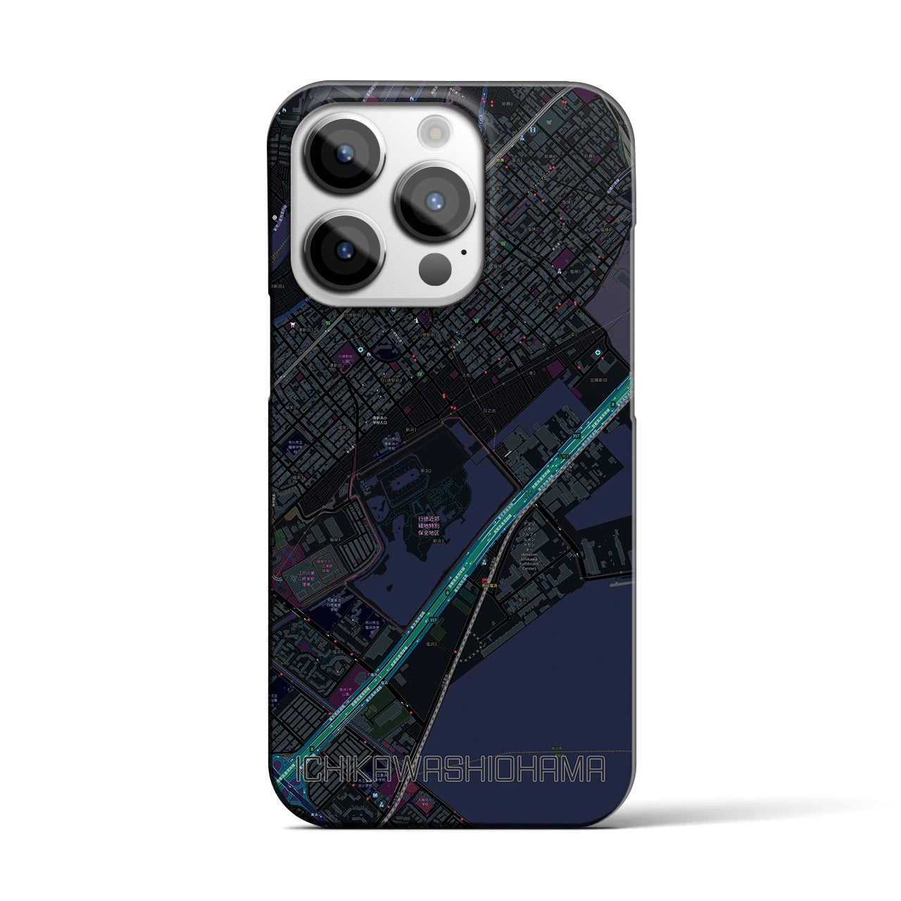 【市川塩浜】地図柄iPhoneケース（バックカバータイプ・ブラック）iPhone 14 Pro 用